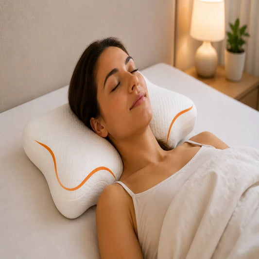 Femme dormant confortablement sur un oreiller cervical papillon à mémoire de forme IceRelief offrant un soutien ergonomique de la nuque et des cervicales dans une chambre chaleureuse.