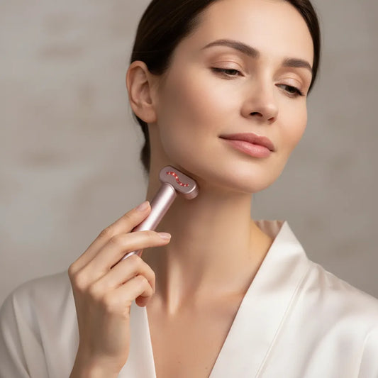 Femme appliquant l'appareil EMS micro-courant IceRelief rose gold sur le cou et décolleté – lifting naturel et raffermissement peau