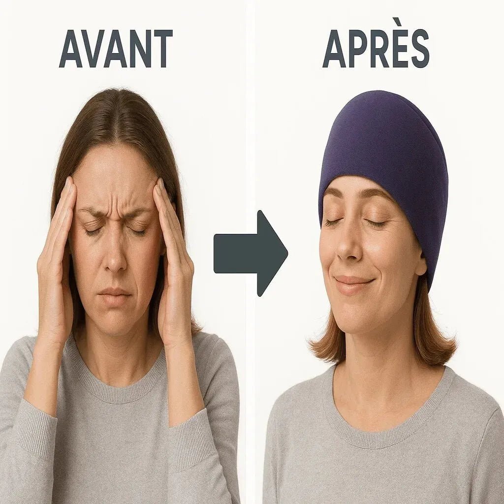 Avant après bonnet anti-migraine gel froid violet - migraine stress vs soulagement douleur apaisée