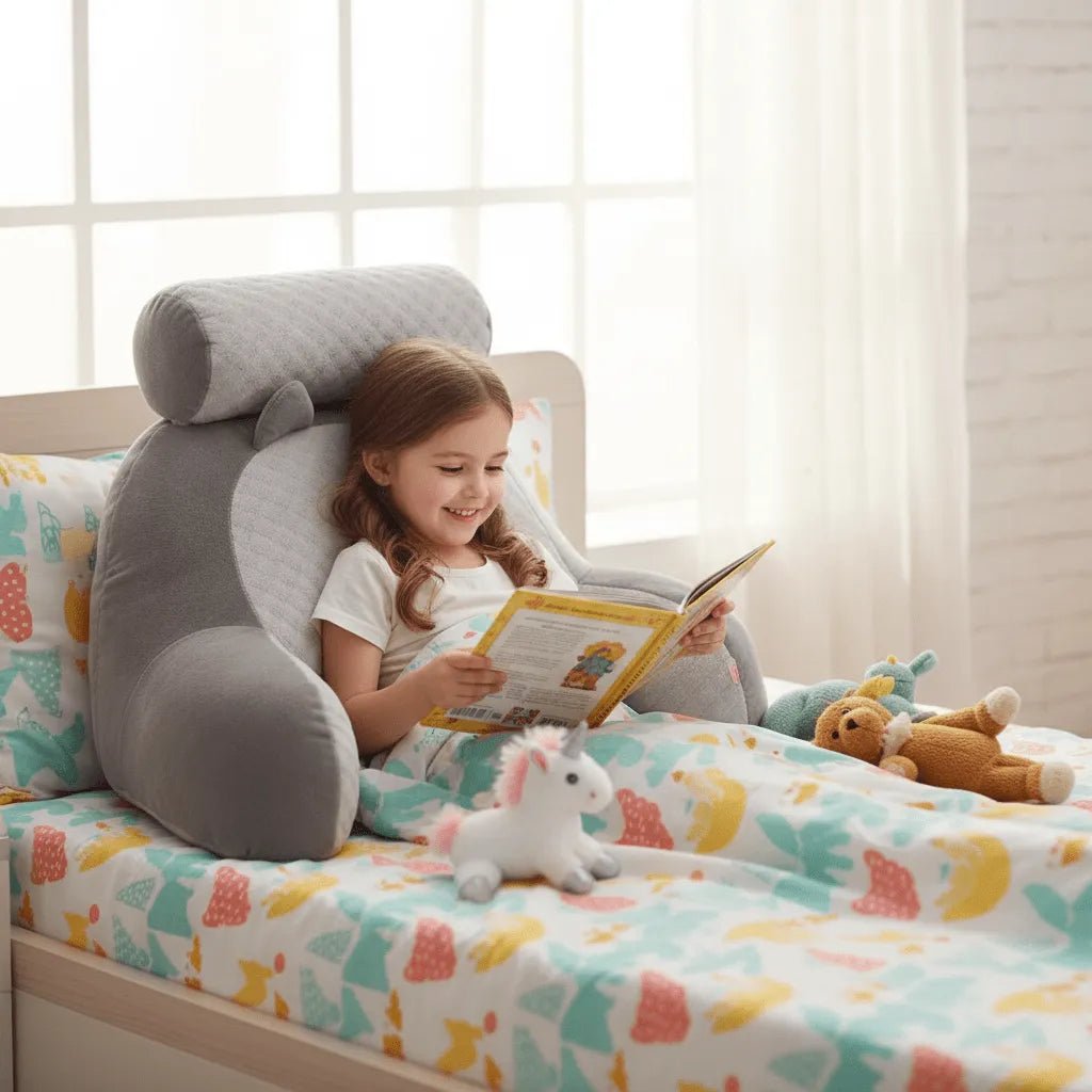 Enfant lisant un livre avec dossier ergonomique de lit IceRelief soutien postural