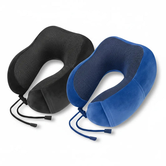 Coussin voyage en U IceRelief noir et bleu - mémoire de forme ergonomique, soutien nuque avion train, studio fond blanc