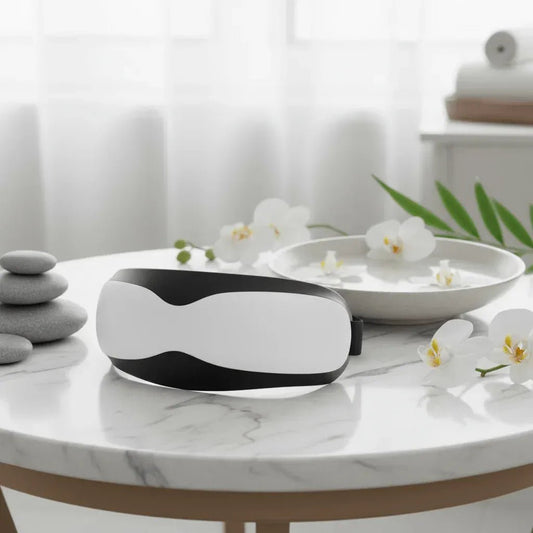 Masque acupression magnétique IceRelief blanc et noir en ambiance spa relaxante