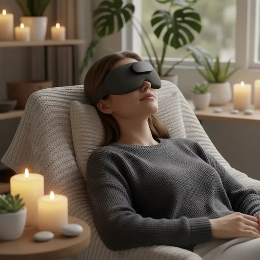 Femme portant le masque oculaire chauffant IceRelief dans un fauteuil – soulagement fatigue oculaire et migraines, ambiance spa relaxante