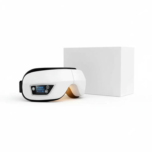 Masseur oculaire chauffant Bluetooth 6D IceRelief - compression air chaleur infrarouge, écran LED, anti-fatigue yeux cernes, blanc premium, fond blanc