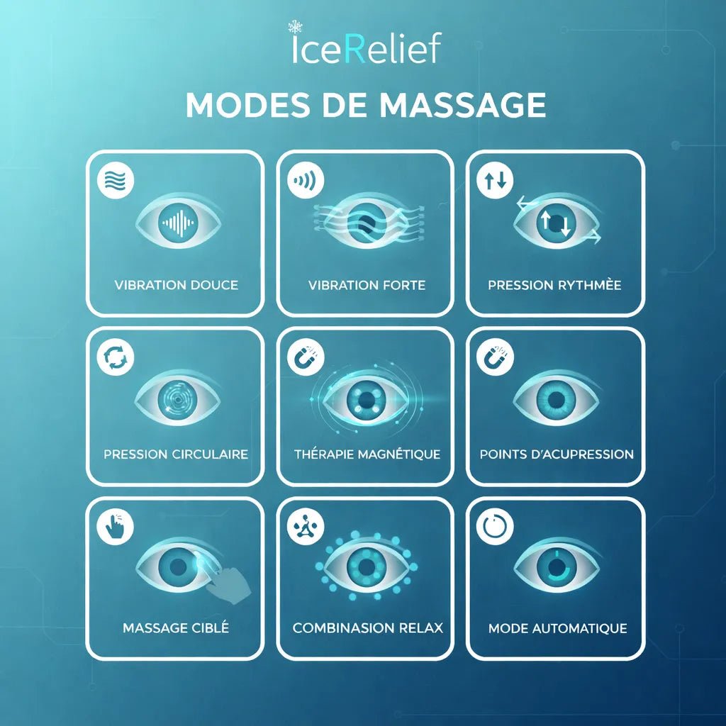 Masseur oculaire magnétique IceRelief 9 modes - compression air chaleur vibrations musique relaxation