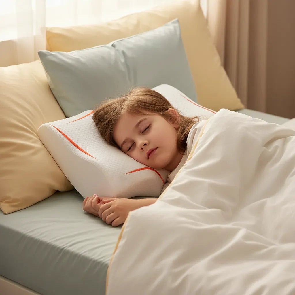 Enfant dormant sur oreiller cervical mémoire de forme IceRelief blanc liseré orange-rouge, chambre cosy lumière naturelle douce
