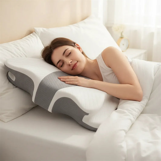 Femme dormant sur le côté sur oreiller cervical papillon mémoire de forme IceRelief blanc et mesh gris – soulagement immédiat nuque et épaules