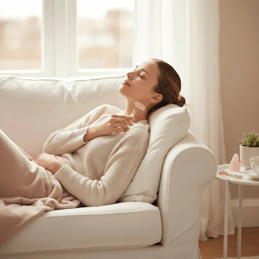 Massage des pommettes avec rouleau en pierre naturelle IceRelief éclat du teint
