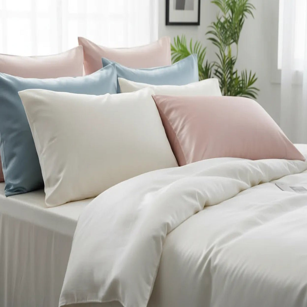 Lit élégant avec taies d'oreiller soyeuses IceRelief multicolores - satin premium luxueux - décoration chambre bien-être