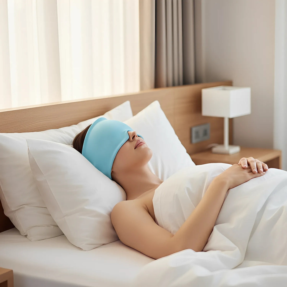 Femme relaxée sur un lit portant le bonnet anti-migraine IceRelief bleu pour un soulagement par le froid.