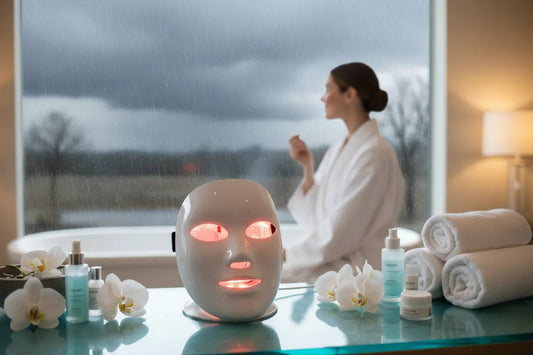 Femme utilisant masque LED IceRelief photothérapie 7 couleurs - Soin anti-déprime saisonnière luminothérapie visage hiver