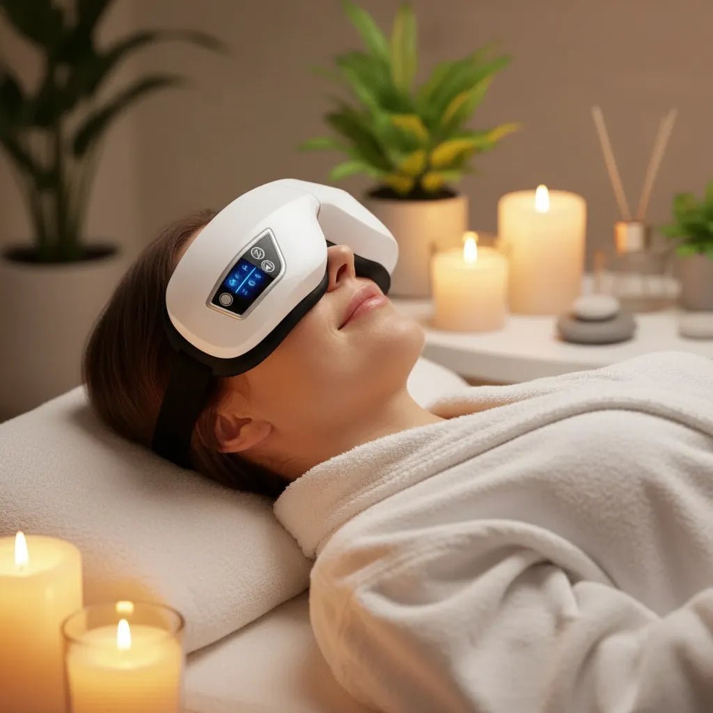 Femme utilisant masseur oculaire blanc IceRelief en peignoir spa avec bougies - Soulagement instantané migraines relaxation thermothérapie
