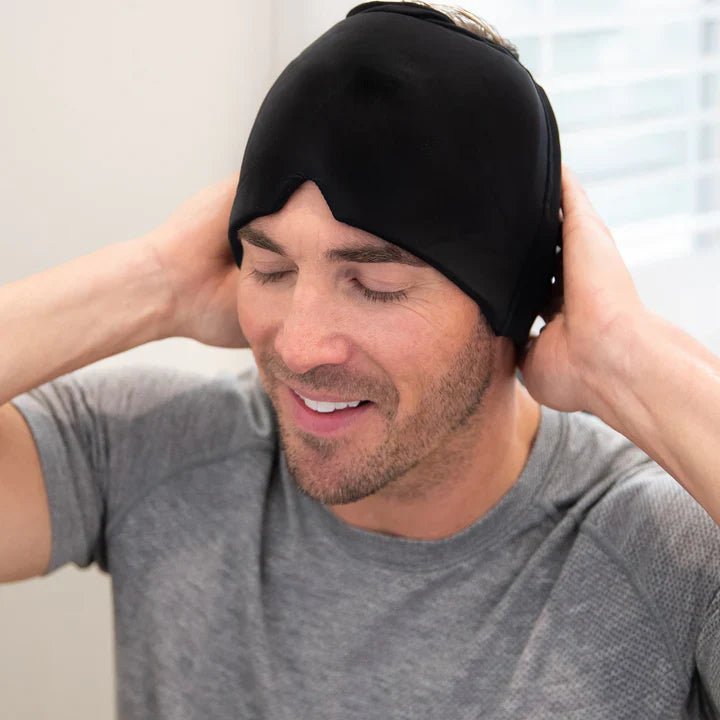 Bonnet Migraine IceRelief Noir – Application sur front, tempes et nuque