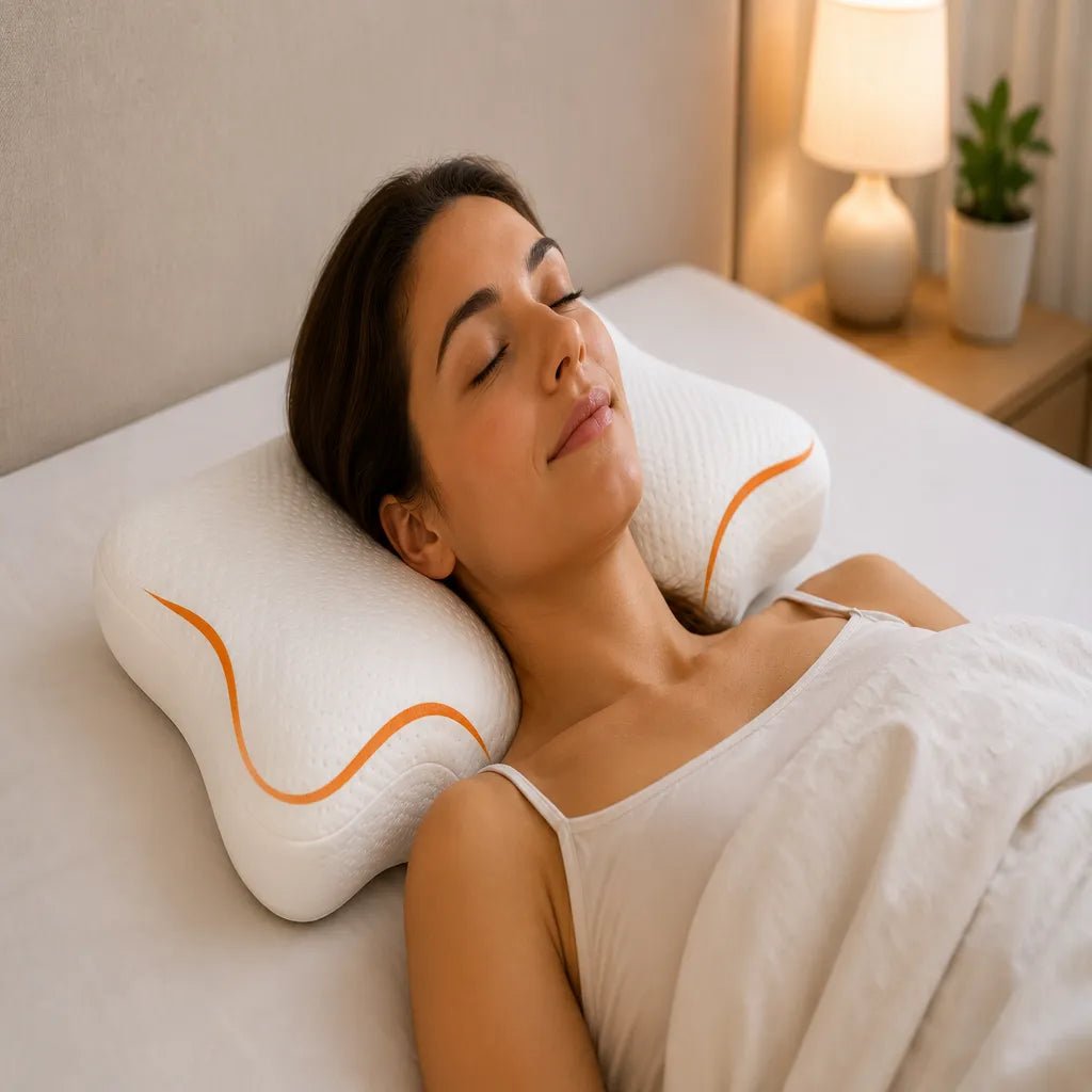 Femme dormant confortablement sur un oreiller cervical papillon à mémoire de forme IceRelief offrant un soutien ergonomique de la nuque et des cervicales dans une chambre chaleureuse.
