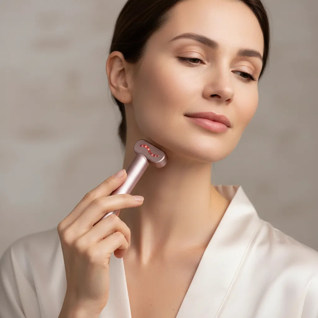 Femme appliquant l'appareil EMS micro-courant IceRelief rose gold sur le cou et décolleté – lifting naturel et raffermissement peau