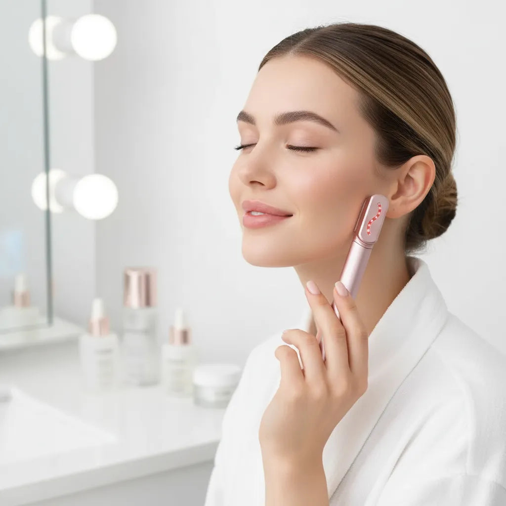 Femme utilisant l'appareil lifting EMS IceRelief rose gold sur mâchoire et pommettes – micro-courant anti-rides, sculpture visage