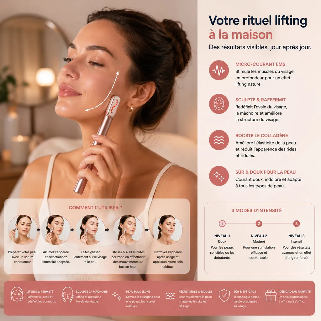 Femme utilisant l’appareil lifting visage EMS IceRelief pour tonifier la peau, raffermir l’ovale du visage et améliorer l’éclat du teint à domicile.