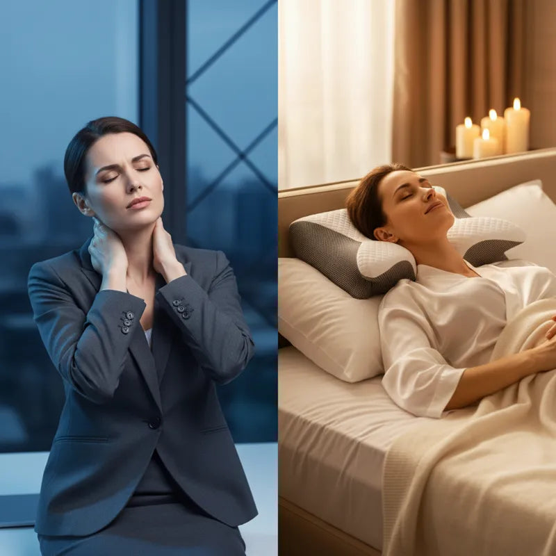 Avant/Après : femme souffrant de douleurs cervicales soulagée grâce à l'oreiller papillon ergonomique IceRelief à mémoire de forme