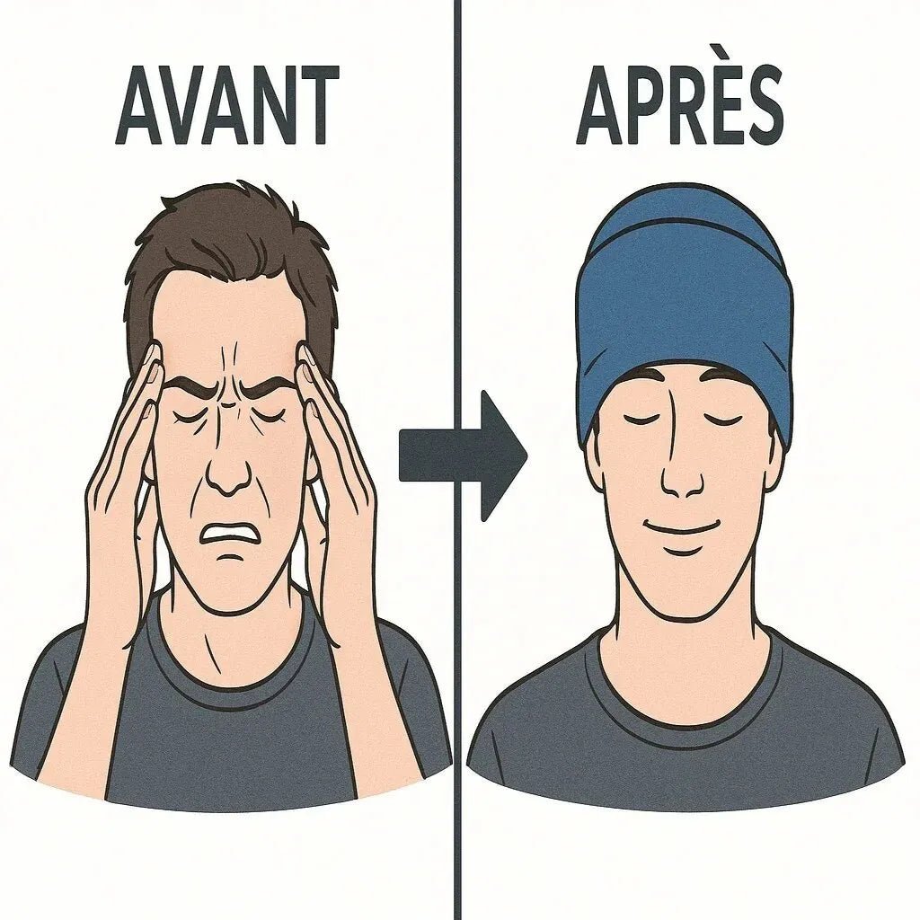 Avant après bonnet anti-migraine gel froid - migraine intense vs soulagement douleur apaisée