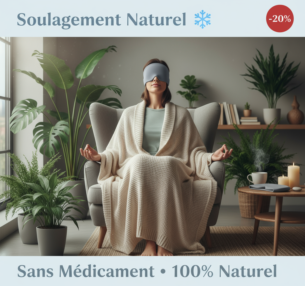 Bonnet anti-migraine gel froid gris - femme méditation relaxation soulagement migraine
