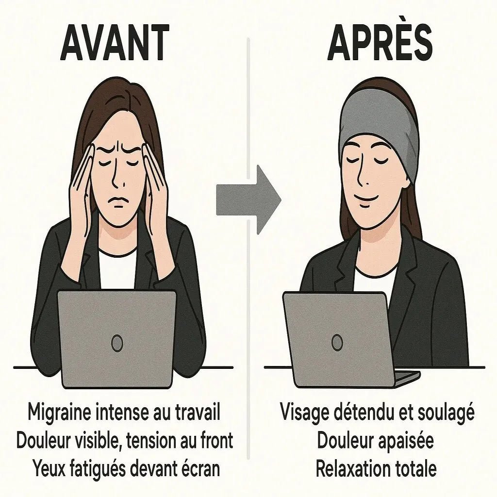 Avant après bonnet anti-migraine gel froid gris - migraine travail vs soulagement douleur apaisée