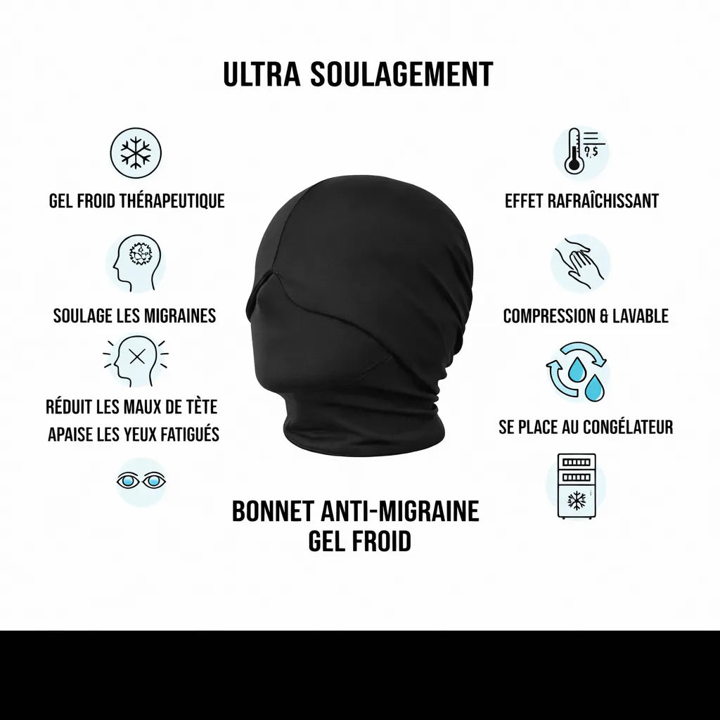 Bénéfices bonnet anti-migraine noir IceRelief gel froid - soulage migraines yeux fatigués rafraîchissant