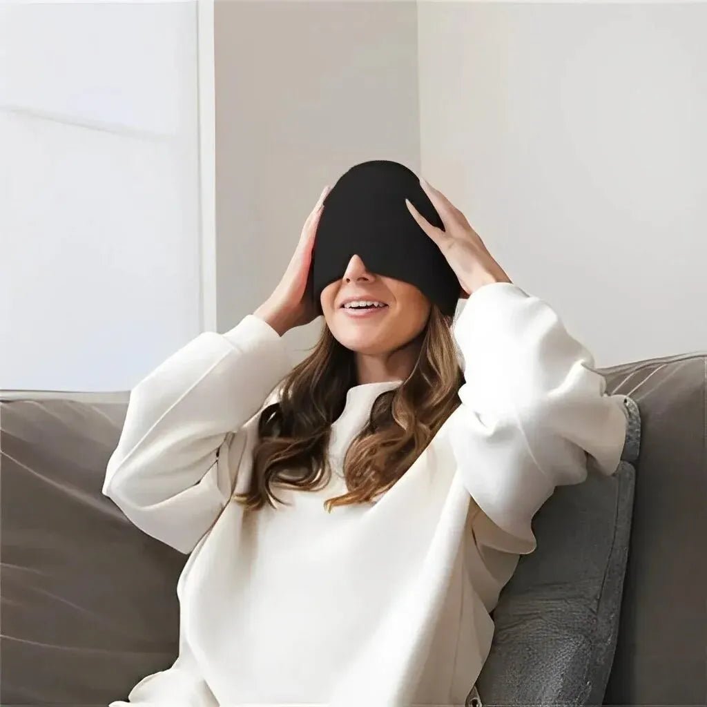 Bonnet cryothérapie noir IceRelief masque froid occultant bloquant lumière photophobie