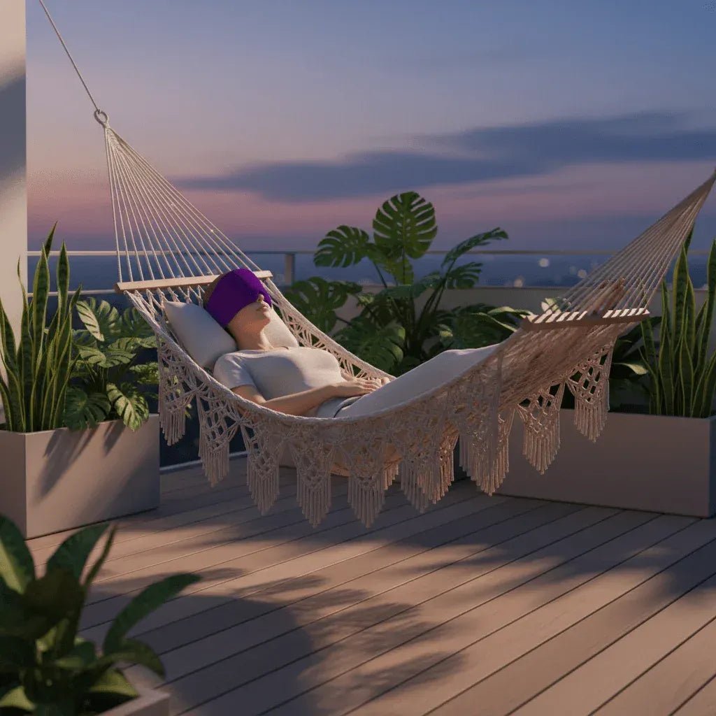 Bonnet anti-migraine gel froid violet - femme hamac terrasse détente nature soulagement migraine