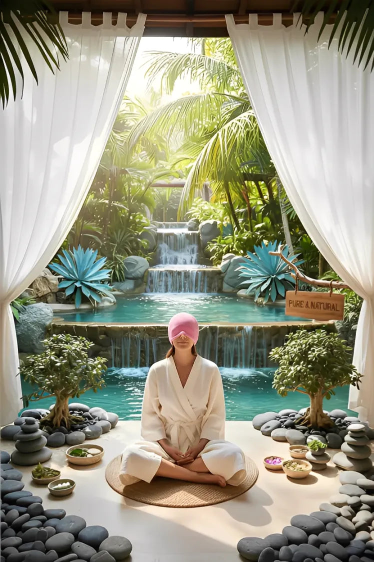 Femme en méditation portant un bonnet de cryothérapie rose IceRelief devant une source d'eau naturelle pour un apaisement des migraines sans médicaments.