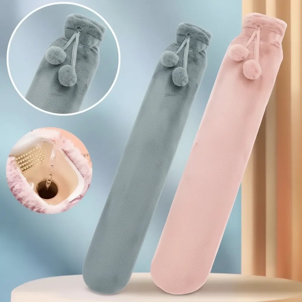 Bouillotte haute densité IceRelief rose et grise avec détails pompons et bouchon de remplissage - Qualité premium