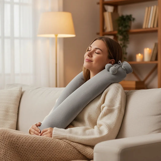 Femme assise avec bouillotte longue IceRelief 76cm autour du bas du dos – soulagement lombaires et douleurs menstruelles