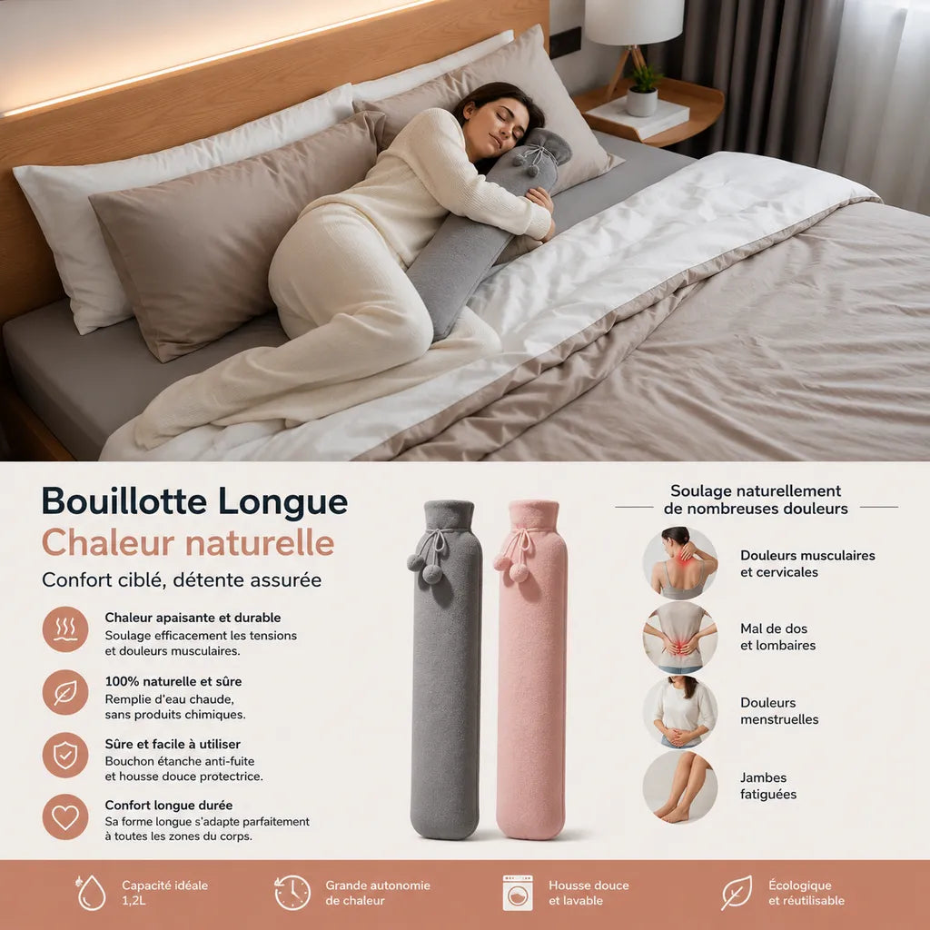 Femme soulagée avec bouillotte longue IceRelief 76cm velours gris sur dos et épaules – soulagement douleurs dorsales et lombaires