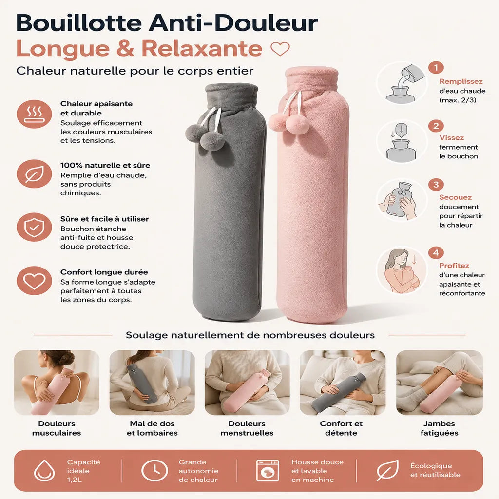Femme allongée sur canapé avec bouillotte longue IceRelief 76cm velours gris sur le ventre – soulagement douleurs menstruelles et abdominales
