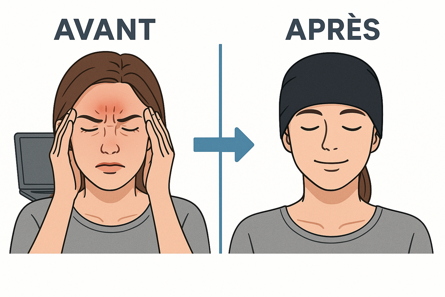 Avant après bonnet anti-migraine gel froid noir - migraine écran vs soulagement douleur apaisée
