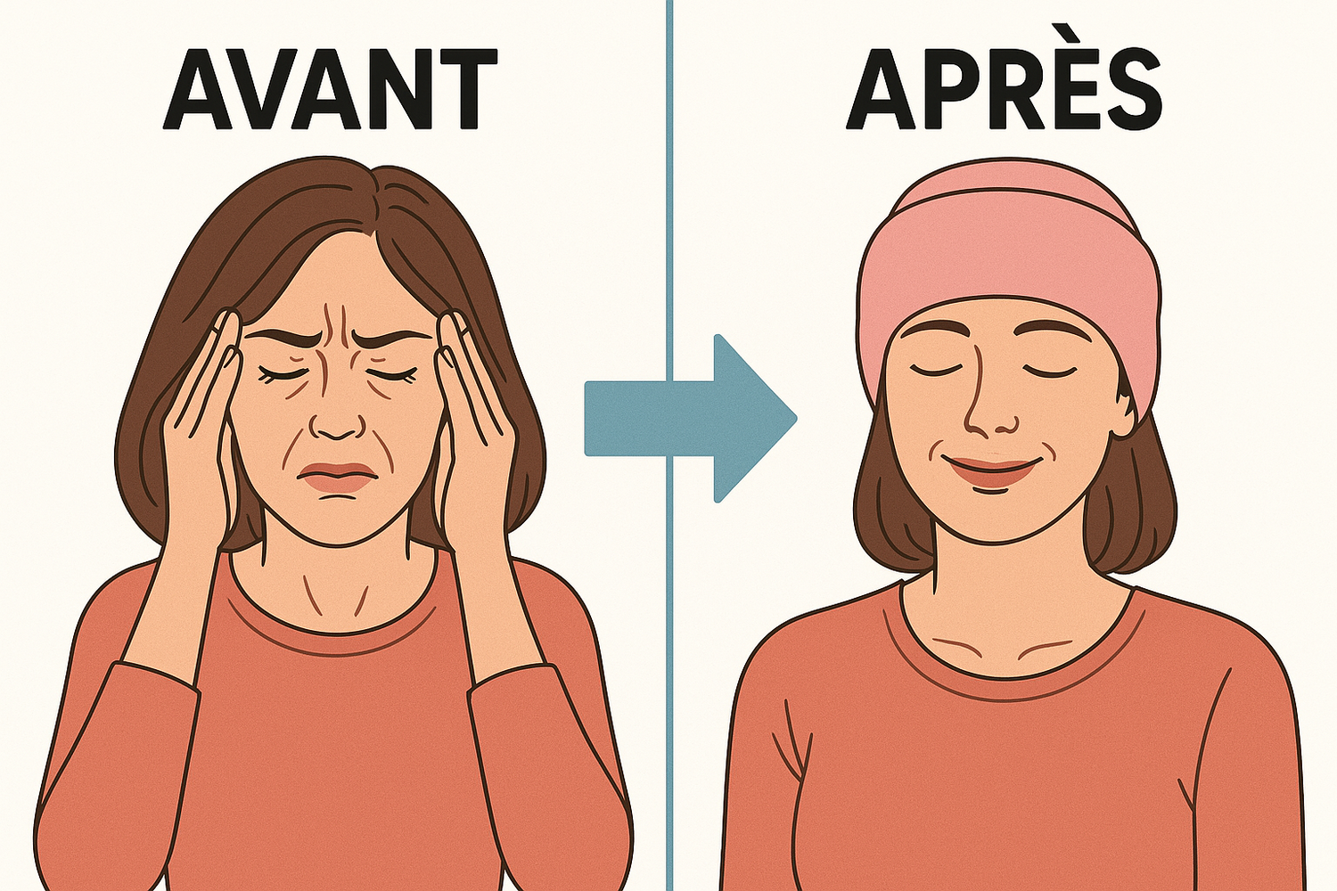Avant après bonnet anti-migraine gel froid rose - migraine intense vs soulagement douleur apaisée
