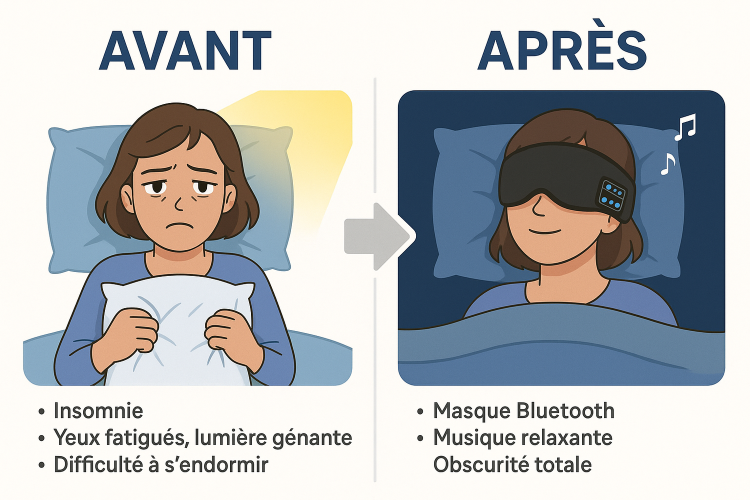 Avant après masque sommeil Bluetooth 3D - insomnie vs sommeil profond réparateur avec musique