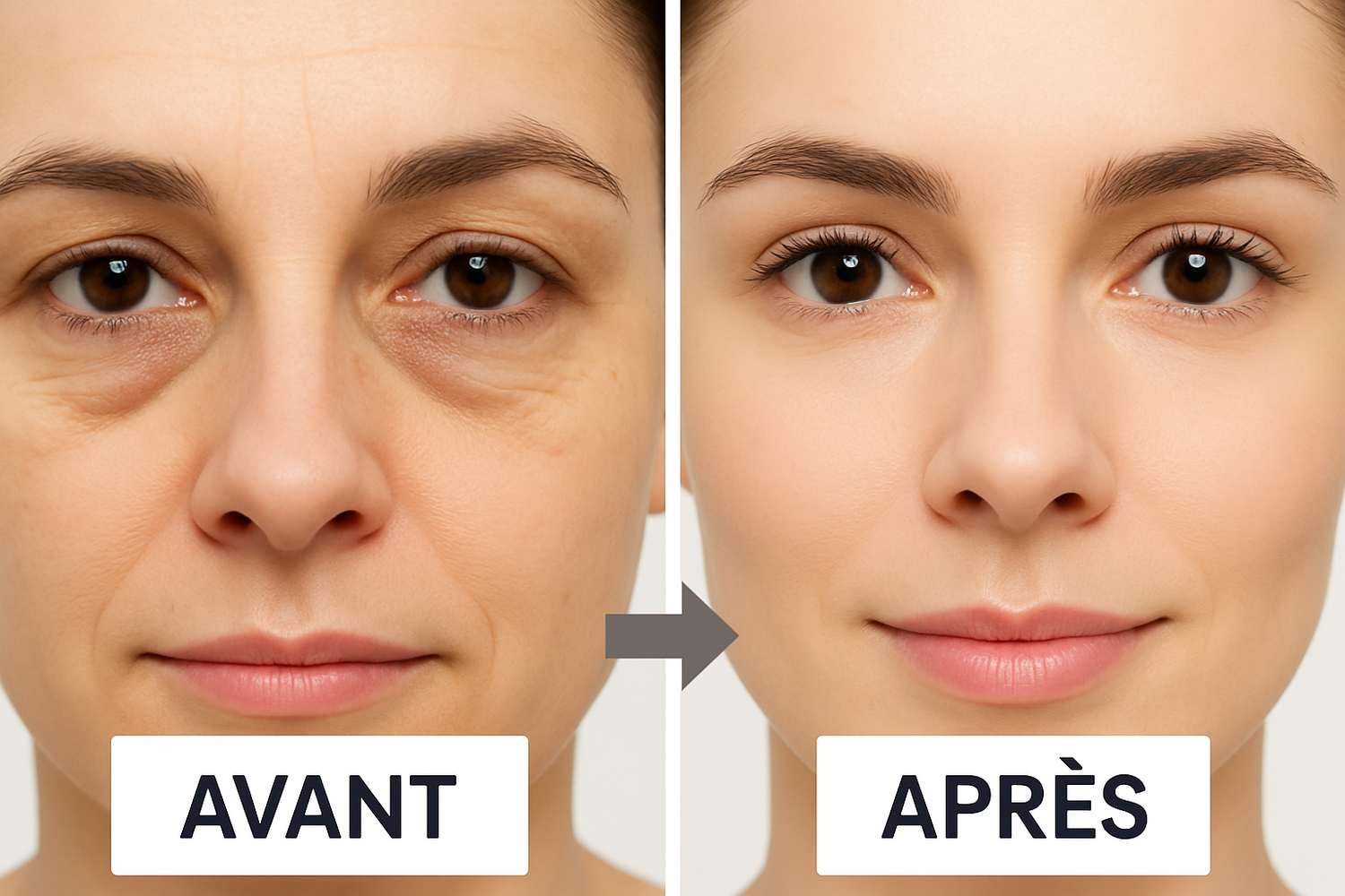 Avant après masseur yeux 6D bluetooth - yeux fatigués cernes vs yeux reposés lumineux éclatants
