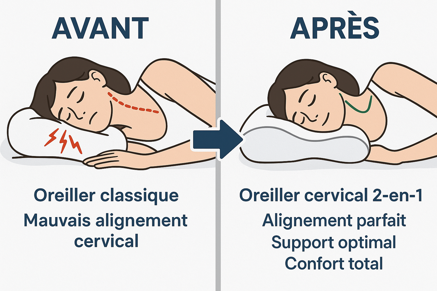 Avant après oreiller cervical 2-en-1 - mauvais alignement vs support parfait cou épaules
