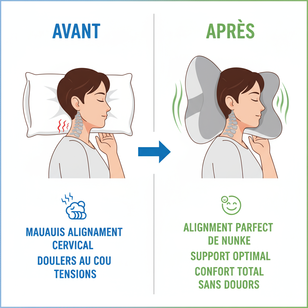Avant après oreiller cervical forme papillon - mauvais alignement vs support nuque parfait
