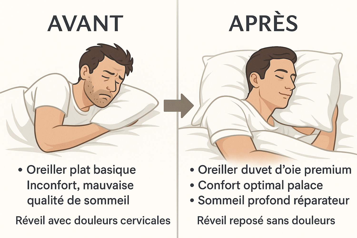 Avant après oreiller duvet d'oie - oreiller basique vs confort premium palace 5 étoiles
