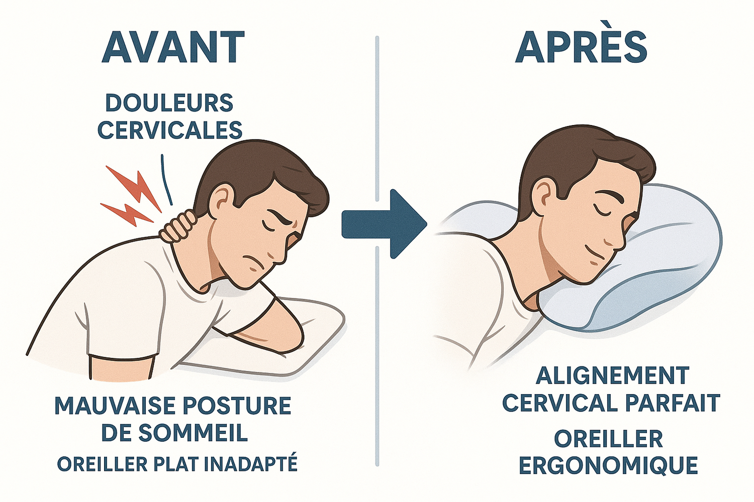 Avant après oreiller ergonomique - douleurs cervicales vs sommeil confortable aligné