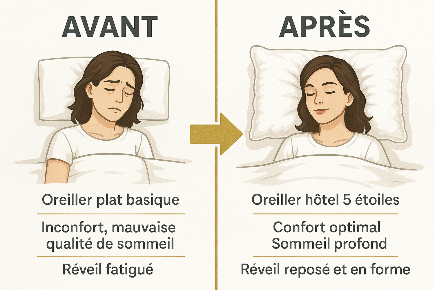 Avant après oreiller hôtel 5 étoiles - oreiller basique vs confort luxe premium palace
