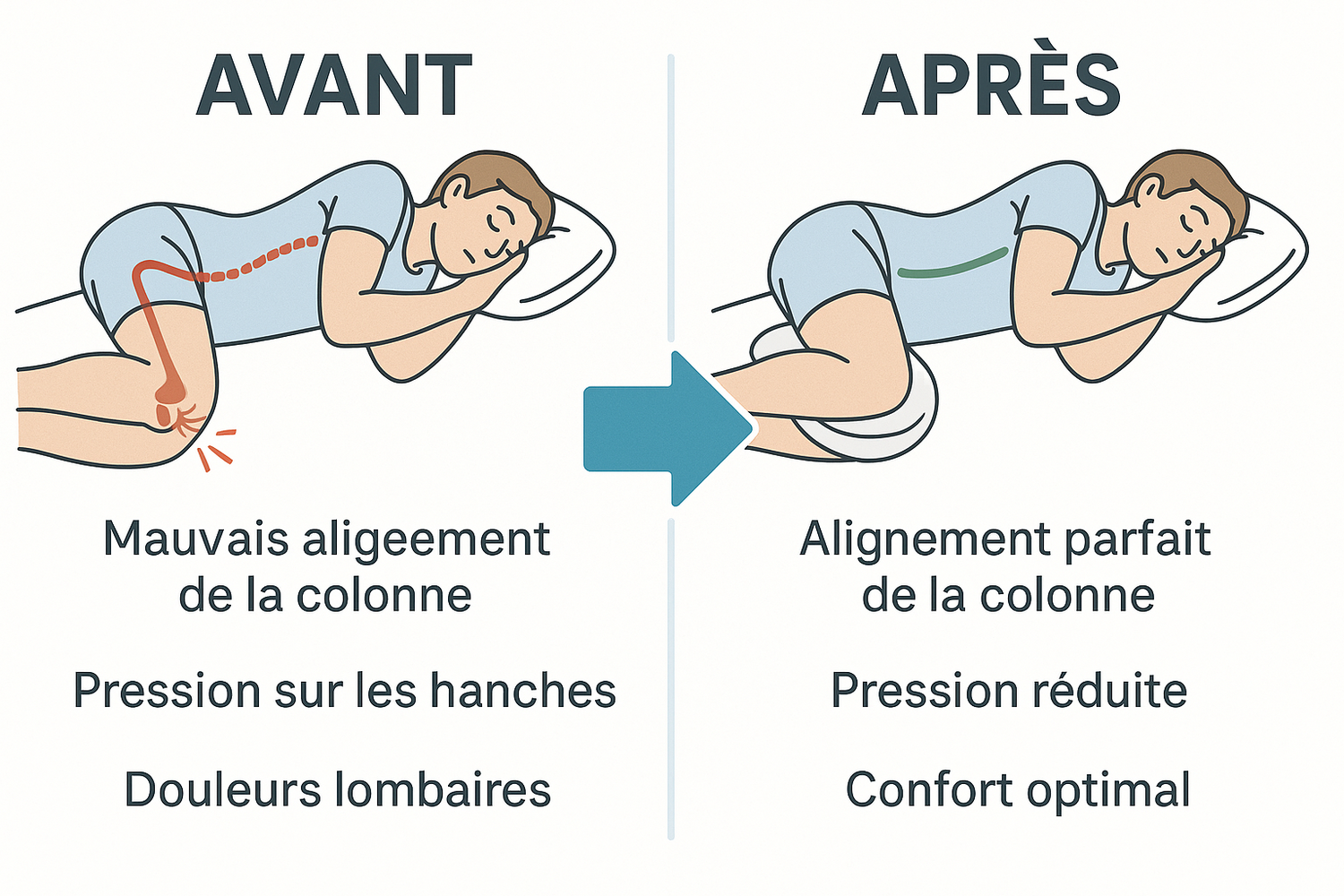 Avant après oreiller jambes ergonomique - mauvais alignement vs alignement parfait confort optimal
