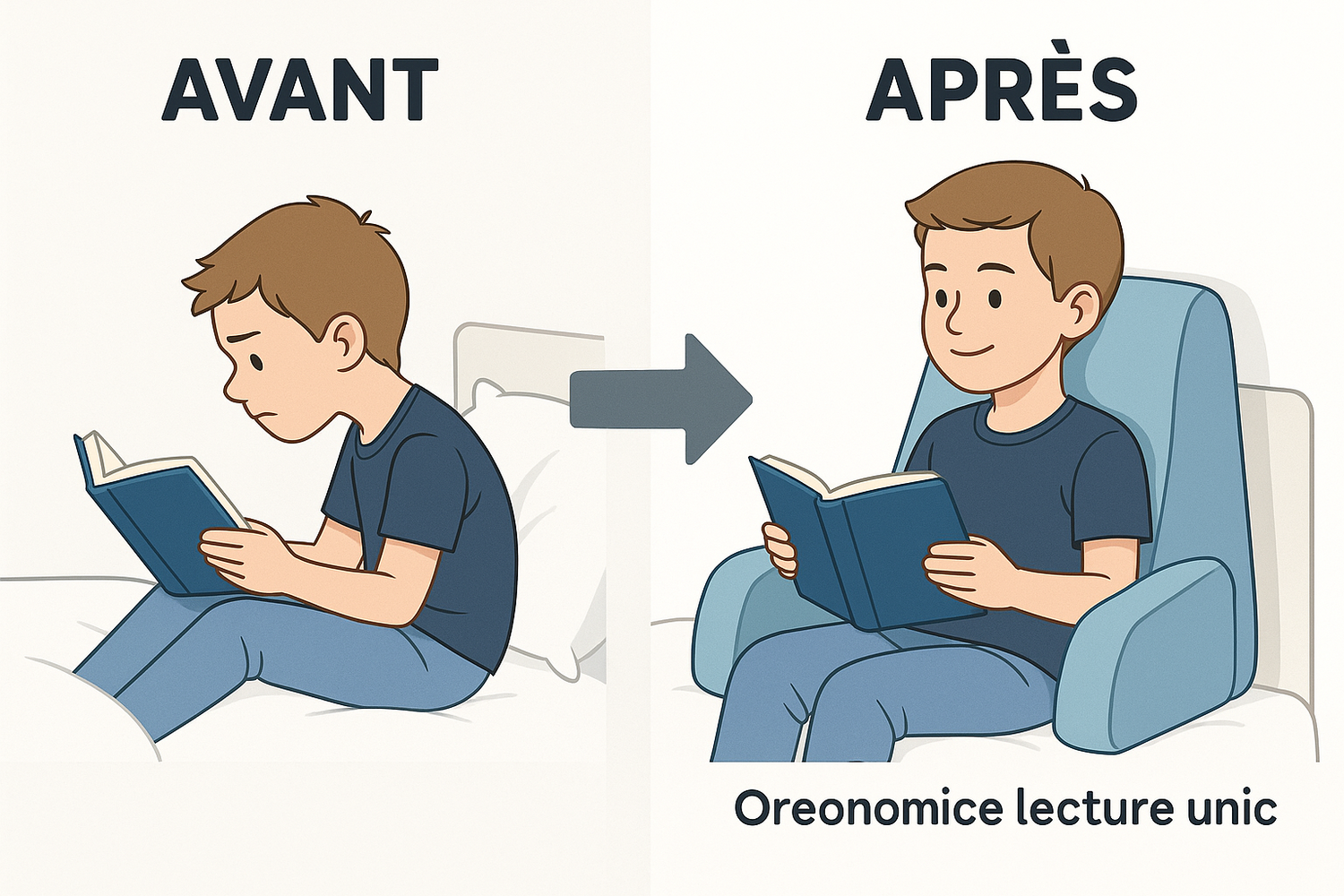Avant après oreiller lecture enfant - mauvaise posture vs soutien dos parfait confort
