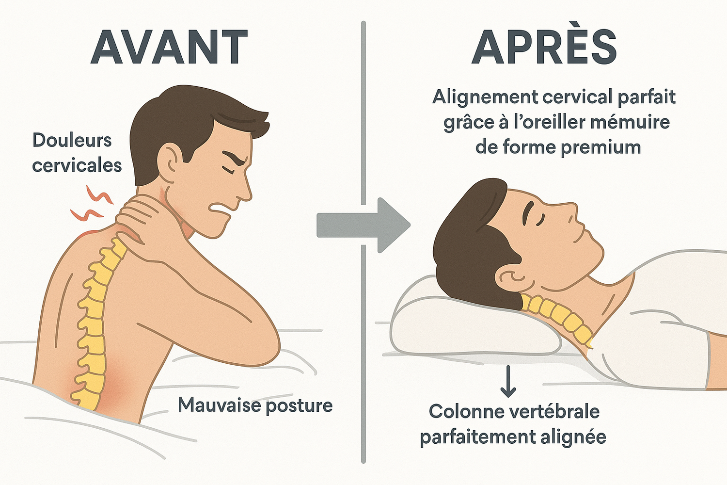 Avant après oreiller mémoire de forme premium - douleurs cervicales vs alignement parfait
