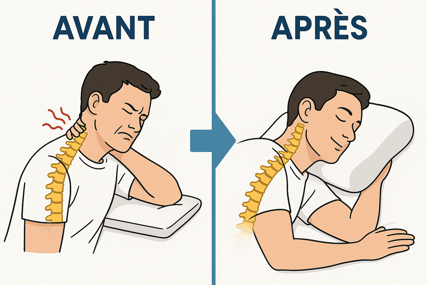 Avant après oreiller mémoire de forme - douleurs cervicales vs alignement parfait et confort