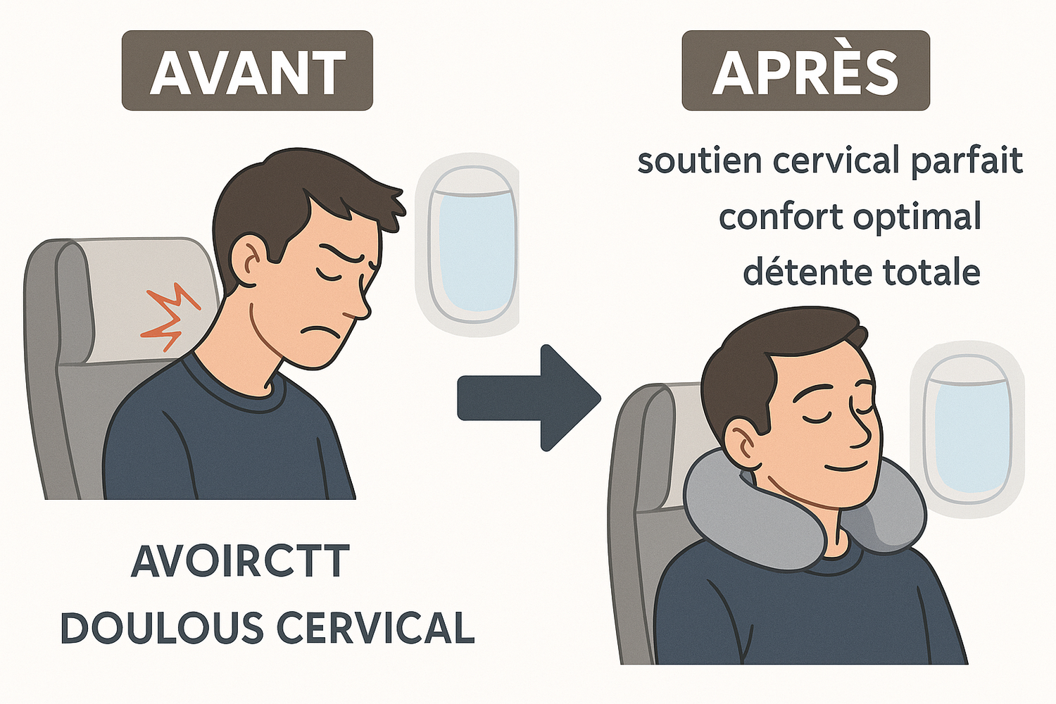 Avant après oreiller voyage forme U - sans soutien douleurs vs confort cervical optimal
