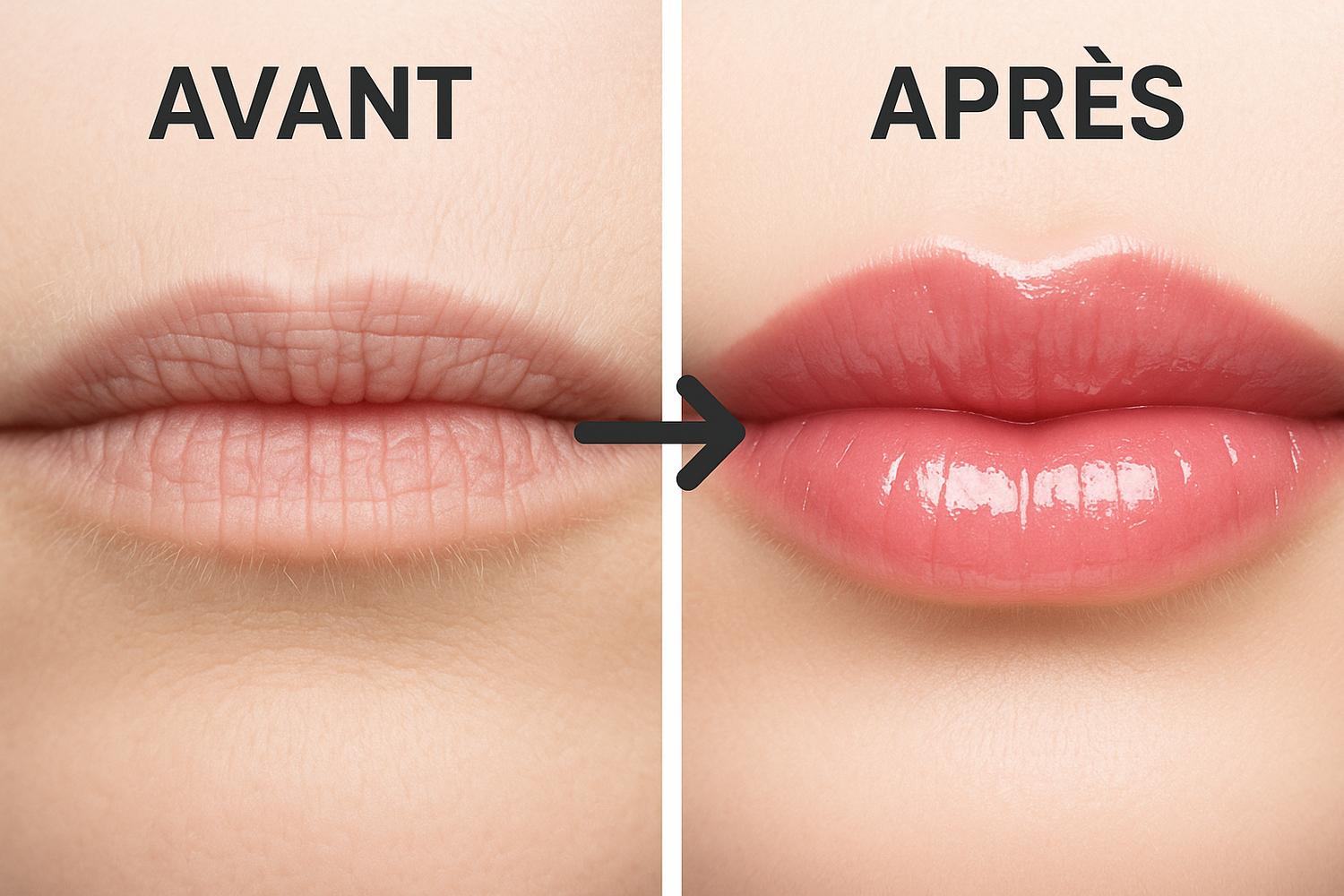 Avant après patch lèvres collagène - lèvres sèches fines vs lèvres repulpées hydratées
