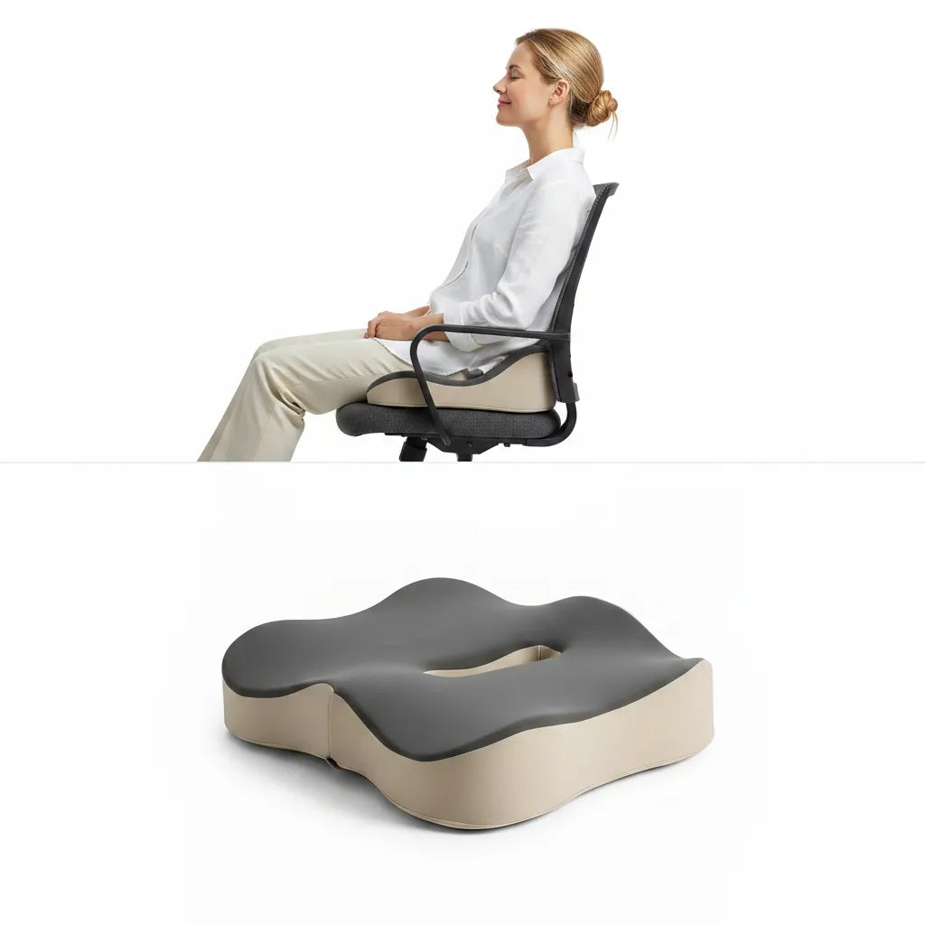 Coussin coccyx ergonomique IceRelief – femme assise soulagée des douleurs lombaires et coccyx