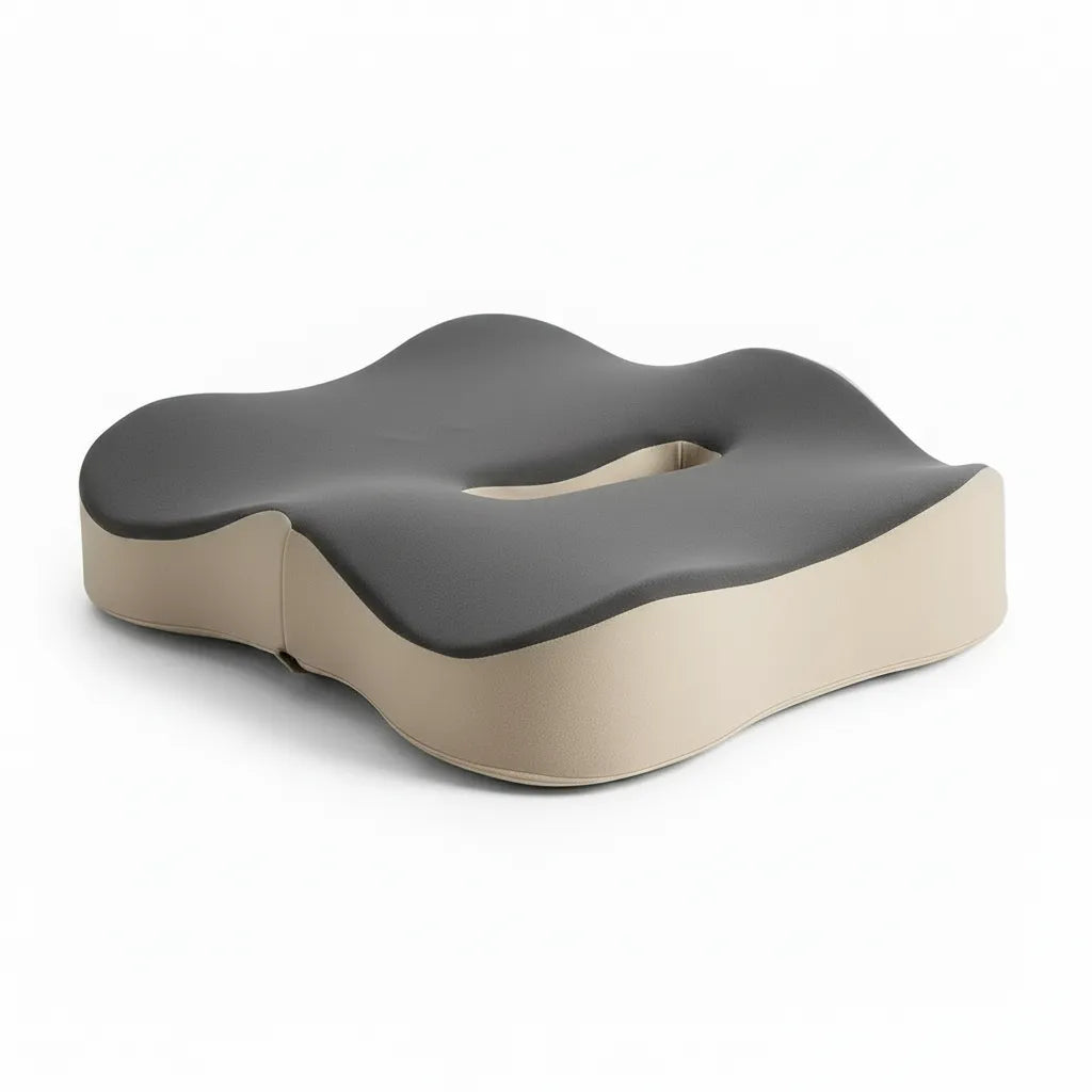 Coussin coccyx ergonomique IceRelief bicolore gris et beige - mousse mémoire de forme rainure centrale anti-douleur